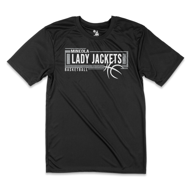 Black Badger B-Core Sport Shoulders T-shirt with Minola Jackets Lady Basketball graphic print, ideal for women's athletic wear and basketball apparel.