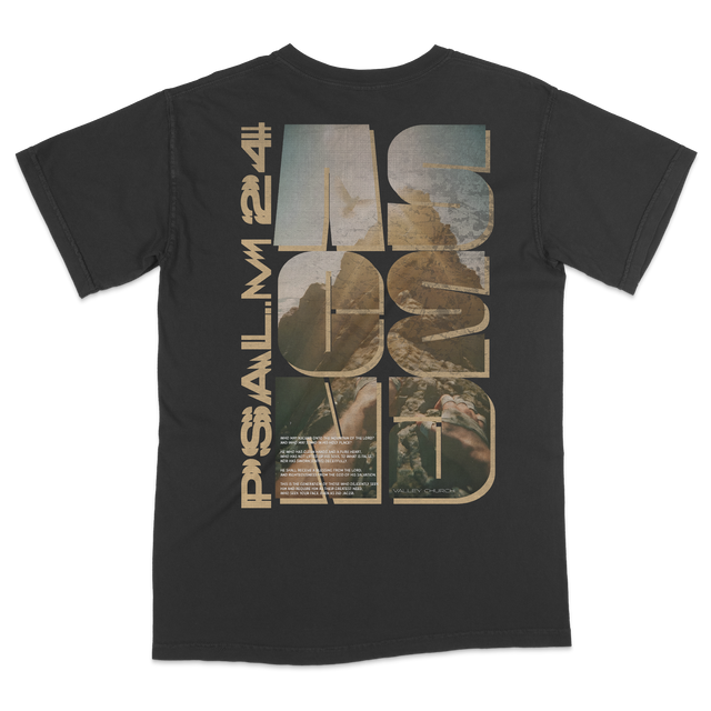 Premium Comfort Colors pepper heavyweight relaxed-fit t-shirt displayed with faith-based Valley Church mountain ascend artwork and biblical reference on back