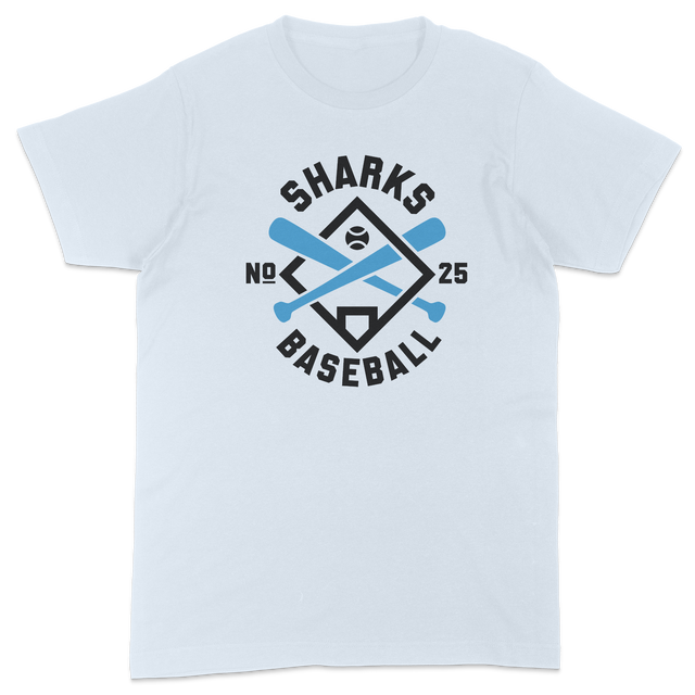 Sharks Baseball No. 25 Player Tee featuring a varsity diamond badge with crossed blue bats and home plate emblem. Available in Light Blue, Natural, and Sport Grey. Shop your new favorite game day gear at Dane Apparel.