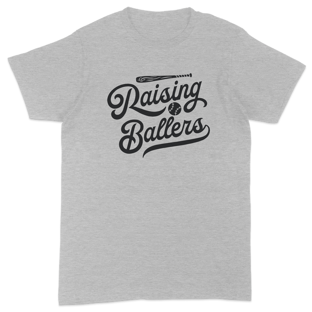 Raising Ballers retro script baseball parent tee with bat and ball graphic. Premium heavyweight cotton in Natural and Sport Grey. The perfect shirt for baseball moms and dads — shop Dane Apparel now.