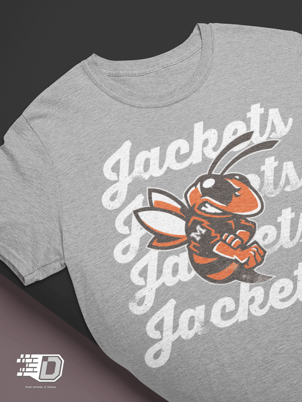 Vintage Jackets sting mascot t-shirt in heather grey with angry yellow jacket graphic and distressed white lettering