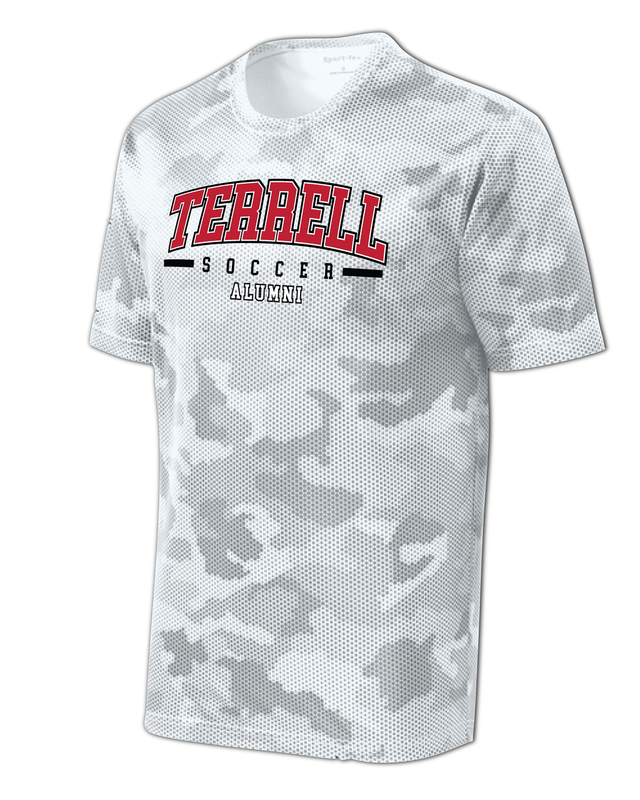 Stealth camo gray Terrell Soccer Alumni Jersey 2025, bold red arched "TERRELL SOCCER ALUMNI" lettering on moisture-wicking mesh tee for ultimate Tiger pride.