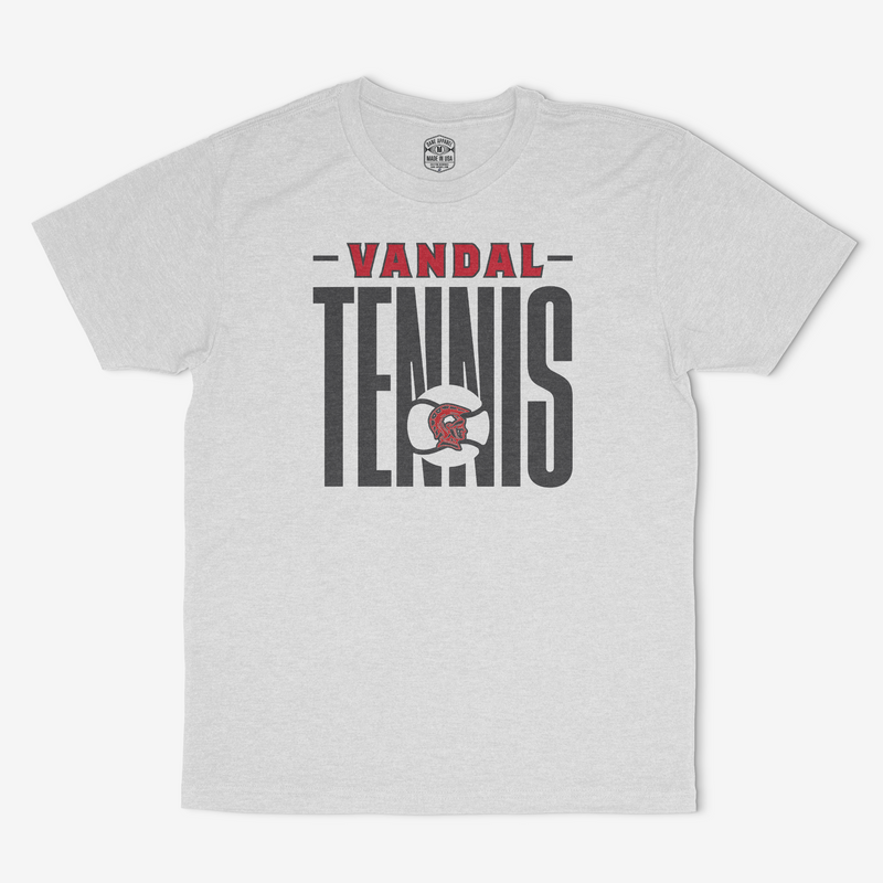 Premium soft ash gray Vandal tennis spirit shirt with oversized block lettering