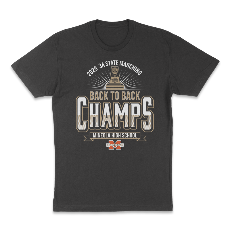 Front view of Texas State Champs 2025 band tee with gold trophy and distressed lettering