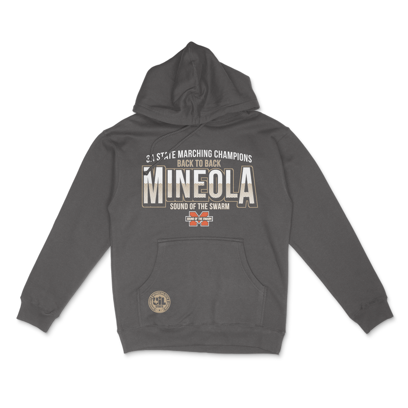 Front view of 3A state marching champions graphic hoodie with silver gold lettering and emblem