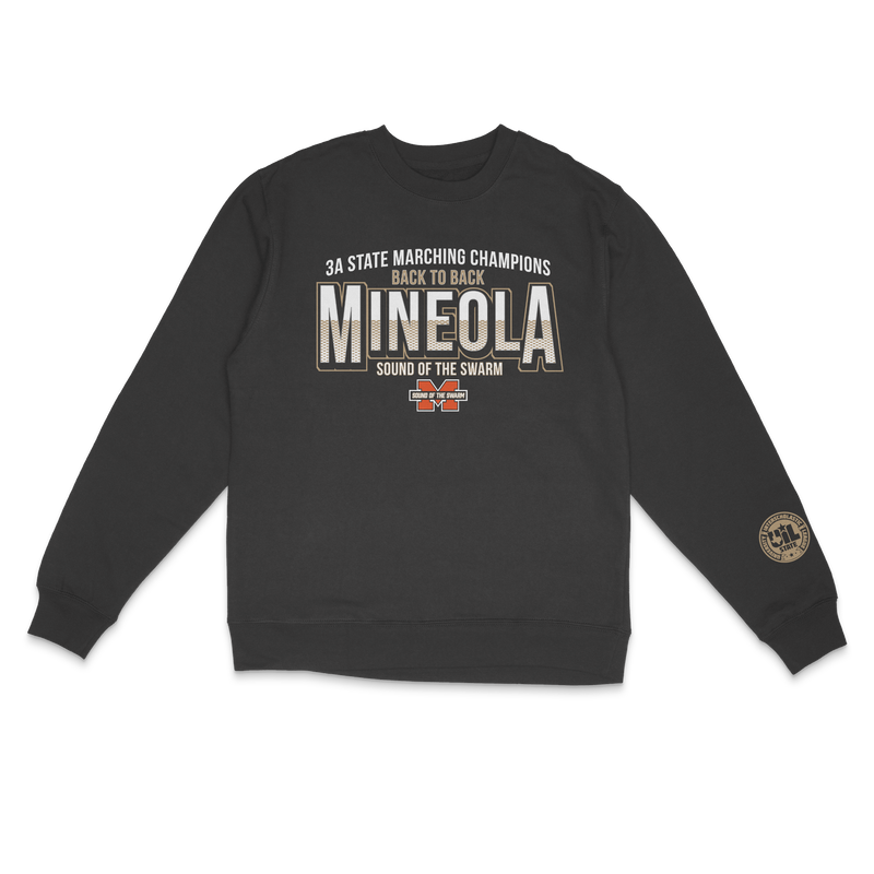 Mineola Sound of the Swarm back to back champs crewneck on charcoal Independent SS3000