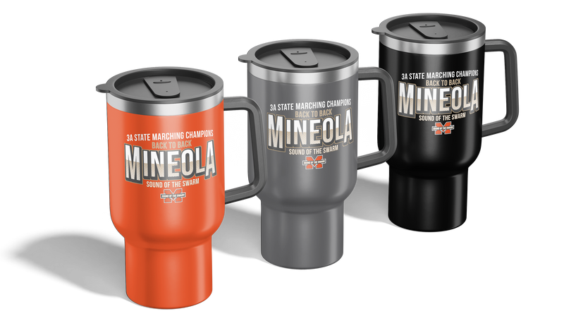 Three Polar Camel 40oz Tumblers in Grey Orange and Black with Mineola Sound of the swarm state championship graphics.