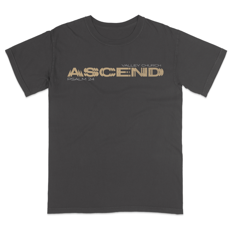 Premium Comfort Colors pepper heavyweight relaxed-fit t-shirt displayed with faith-based Valley Church mountain ascend artwork and biblical reference on back