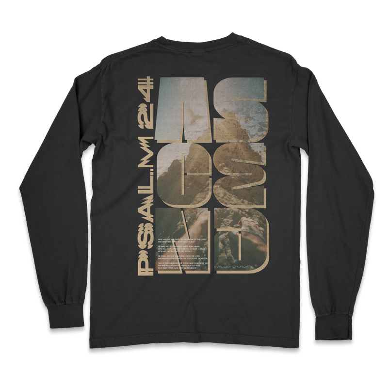 Valley Church Ascend Tee on Comfort Colors – dramatic vertical “ASCEND” filled with majestic mountain scene, cross, and Psalm 24:3 in rugged script on deep pepper cotton