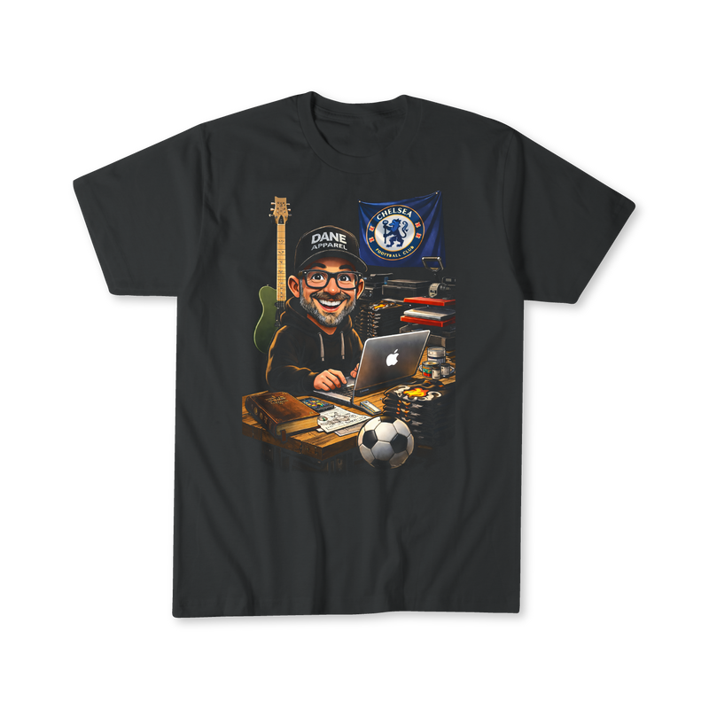 Soft black customizable t-shirt blank shown with fun, detailed podcaster-style caricature design including tech, guitar, and team spirit elements – ideal canvas for your own prints