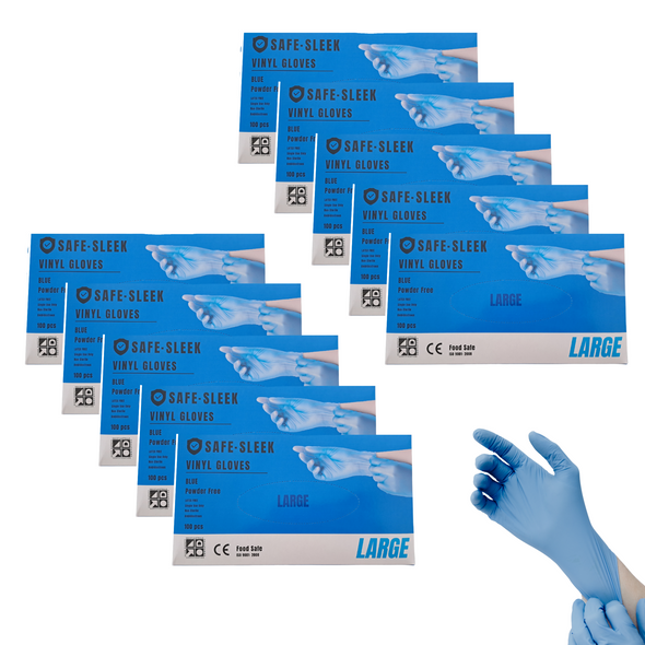 SafeSleek Blue Vinyl Gloves Powder Free (Large) - 1000pcs