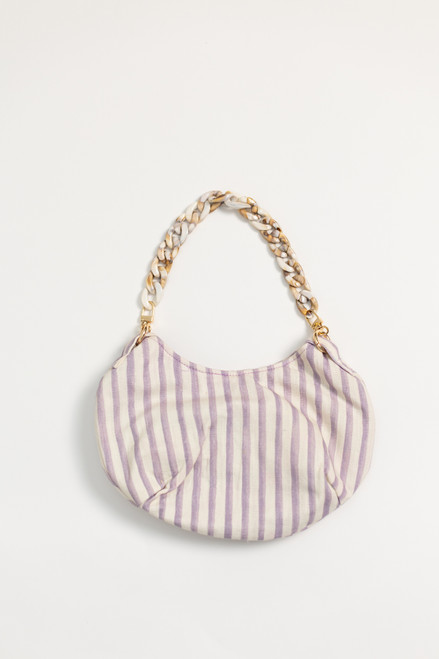 Mini purse with a cream base and lavender stripe details and a complementary brown and cream marble acrylic strap. This purse is a great gift, and wonderful for a girl's night out, dinner, vacation, or everyday wear. Mini purse with a cream base and lavender stripe details and a complementary brown and cream marble acrylic strap. This purse is a great gift, and wonderful for a girl's night out, dinner, vacation, or everyday wear.