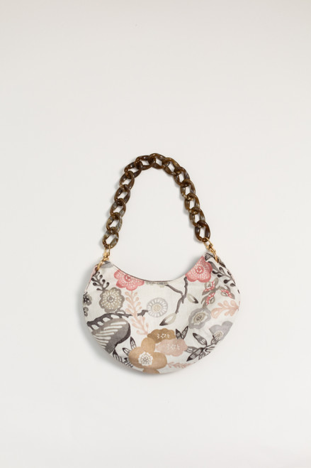 Pale, chic, floral mini purse handmade with impeccable detail and attention. This faint gray, orange, and pink floral design paired with the dark acrylic strap is a classic look for a girl's night out, dinner, or even everyday wear. Pale, chic, floral mini purse handmade with impeccable detail and attention. This faint gray, orange, and pink floral design paired with the dark acrylic strap is a classic look for a girl's night out, dinner, or even everyday wear.
