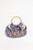 Purse and handbag with dark blue and pink geometric designs. Brown, bamboo handle that's easy to hold and comfortable. Great for gifts, travel, dinner, and everyday wear!