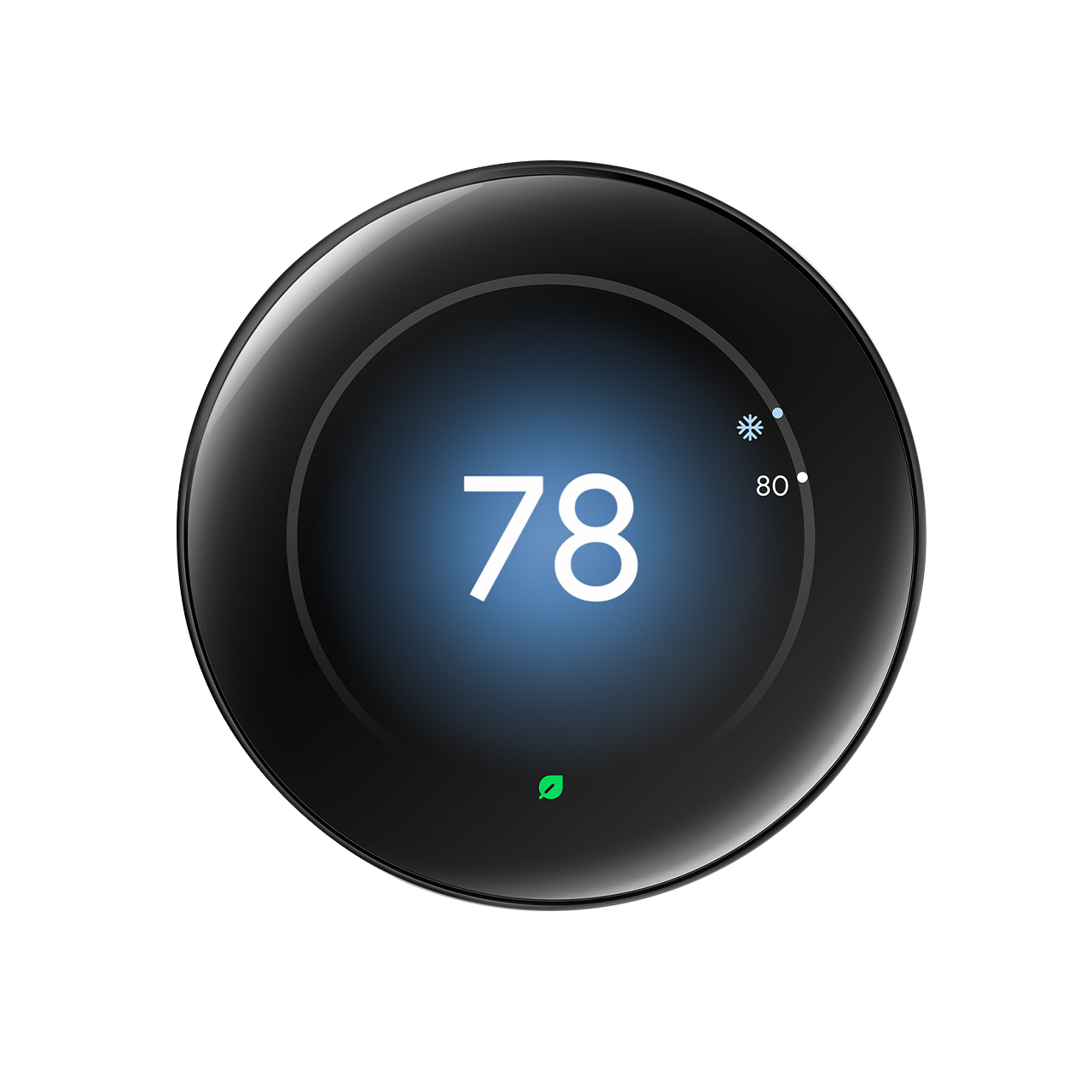 Nest Learning Thermostat Polished Obsidian front view set to 78 cooling