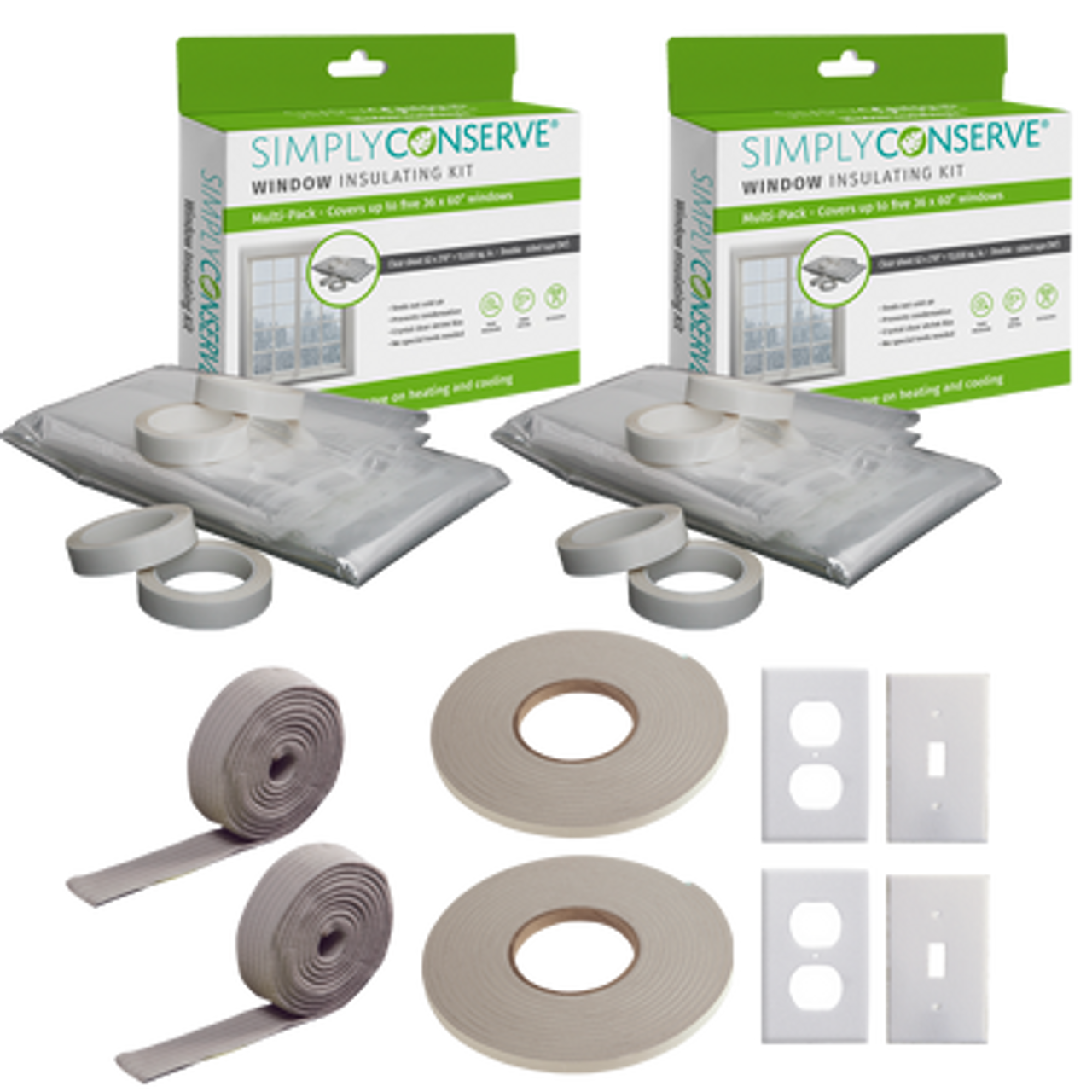 Weatherization Kit with 2 window kit film and tape, 2 rolls of foam weatherstripping, 2 rolls of rope caulk and 2 switch and 2 outlet gaskets