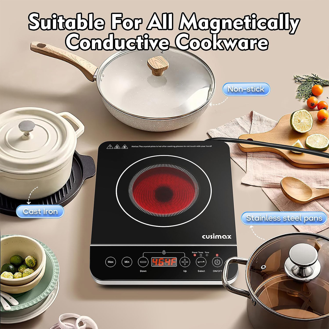 Cusimax 1800W Induction Cooktop allows all types of cookware