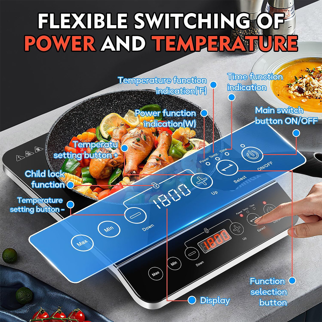 Cusimax 1800W Induction Cooktop controls
