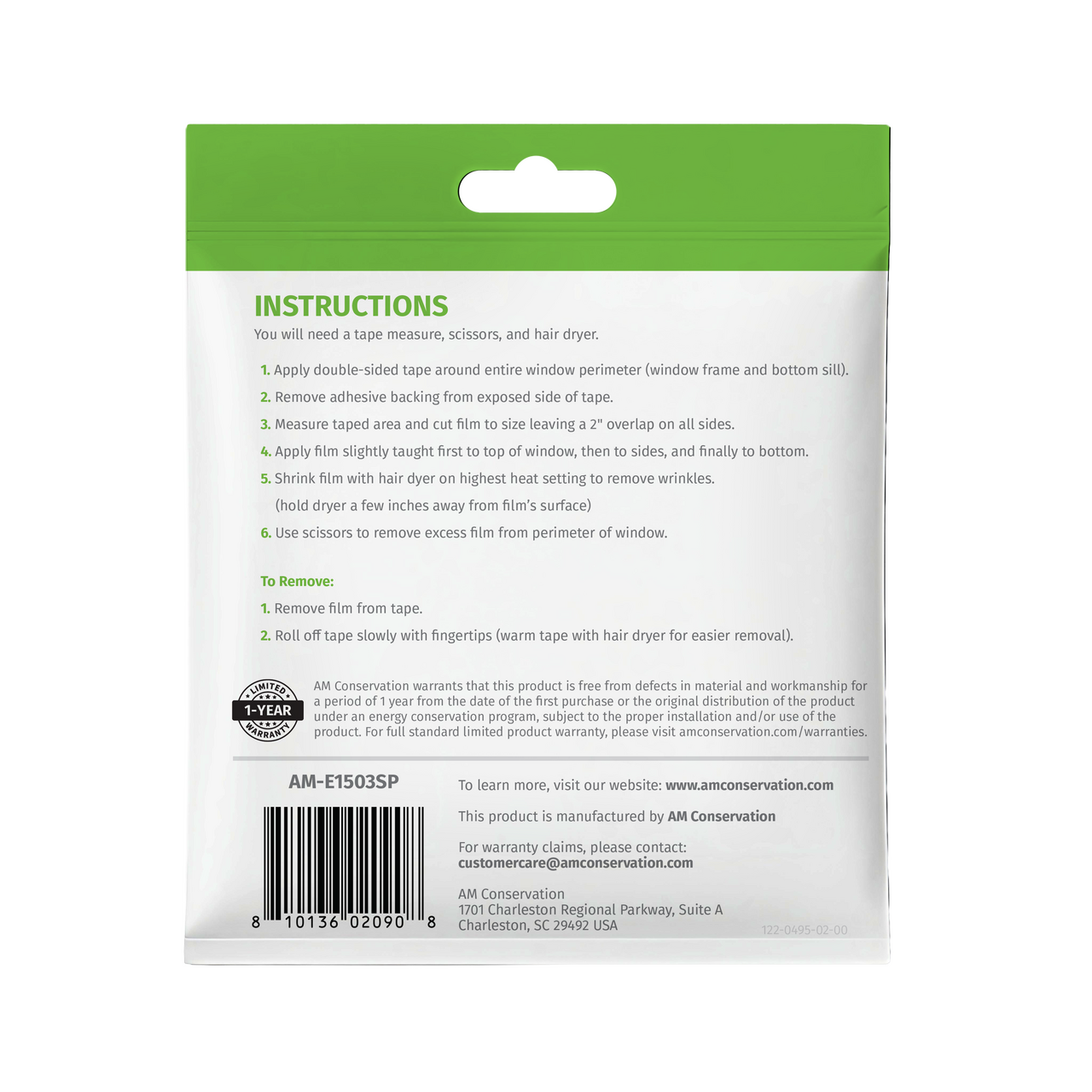 Single - Window Insulation Kit Packaging, back