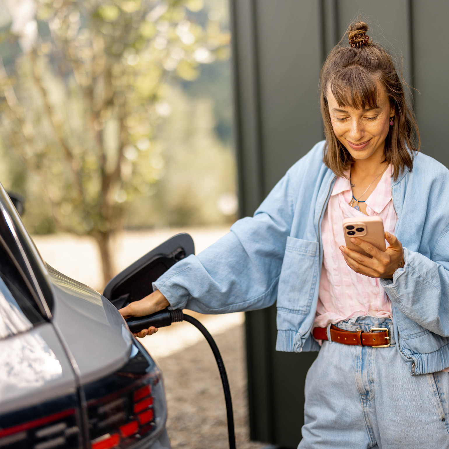 women pluging in EV charger