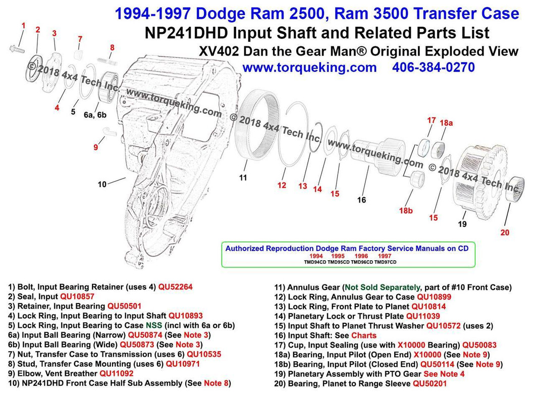 XV402 1994-1997 Dodge Ram NP241DHD Transfer Case Input Shaft & Related Parts