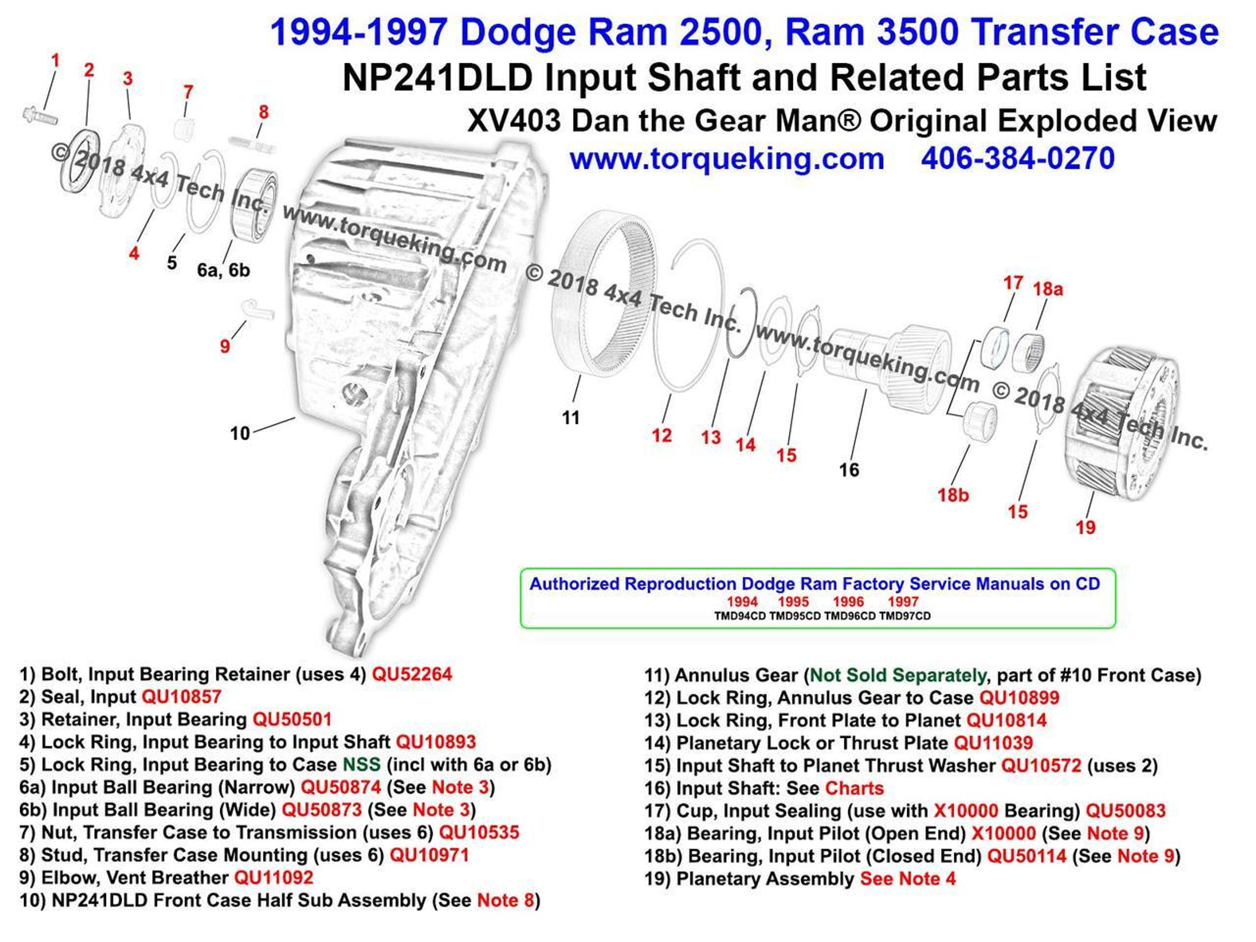 New! XV403 19941997 Dodge Ram NP241DLD Transfer Case Input Shaft Parts