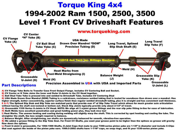 QU40972 1999-2002 Ram Front CV Driveshaft Manual & Auto Trans Torque King 4x4