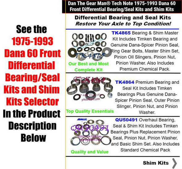 1975-1993 Dana 60 Front Differential Bearing/Seal Kits and Shim Kits Selector Torque King 4x4