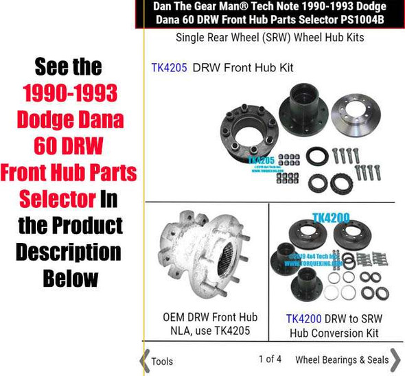 1990-1993 Dodge Dana 60 DRW Front Hub Parts Selector PS1004B Torque King 4x4