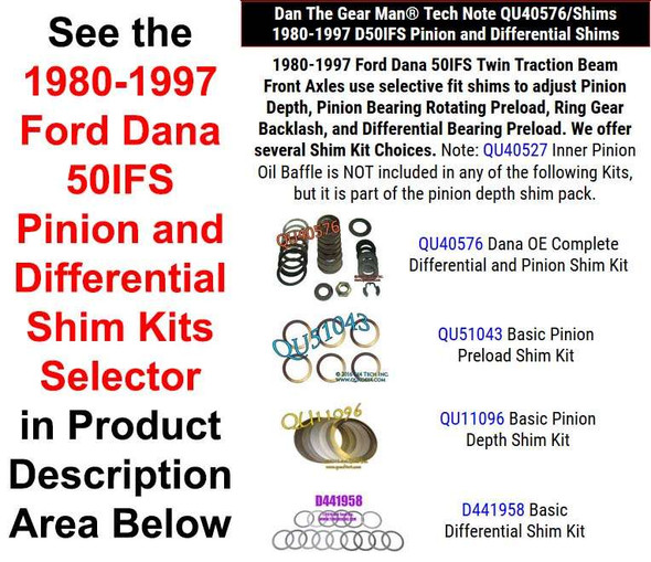 1980-1997 Ford Dana 50IFS Pinion and Differential Shim Kits Selector Torque King 4x4