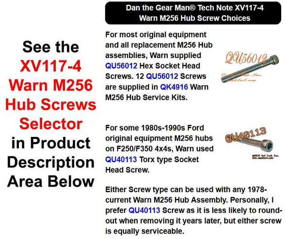 XV117-4 QU56012/QU40113 Warn M256 Hub Screws Selector Torque King 4x4