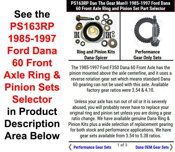 1985-1997 Ford Dana 60 Front Axle Ring & Pinion Set Part Selector PS163RP Torque King 4x4