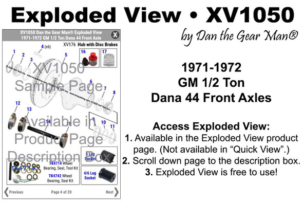 XV1050 1971-1972 Chevy & GMC 1/2 Ton Dana 44 Front Axle Exploded View Torque King 4x4