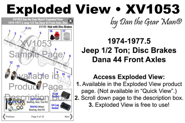 XV1053 1974-1977.5 Jeep 1/2 Ton Dana 44 Front Axle, Disc Brakes, Exploded View Torque King 4x4