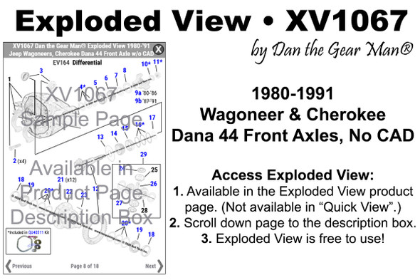 XV1067 1980-1991 Jeep Wagoneer, Cherokee Dana 44 Front Axle Exploded View