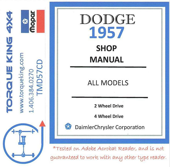 TMD57CD 1957 Dodge Truck Factory Service Manuals on CD Torque King 4x4
