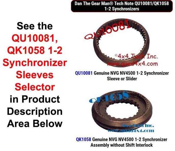 QU10081, QK1058 NV4500 1-2 Synchronizer Sleeves Selector Torque King 4x4