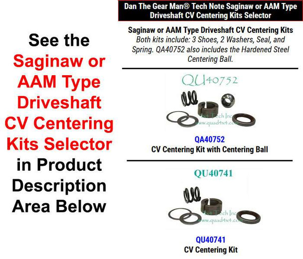 QA40752, QU40741 Saginaw or AAM Type CV Centering Kits Selector Torque King 4x4