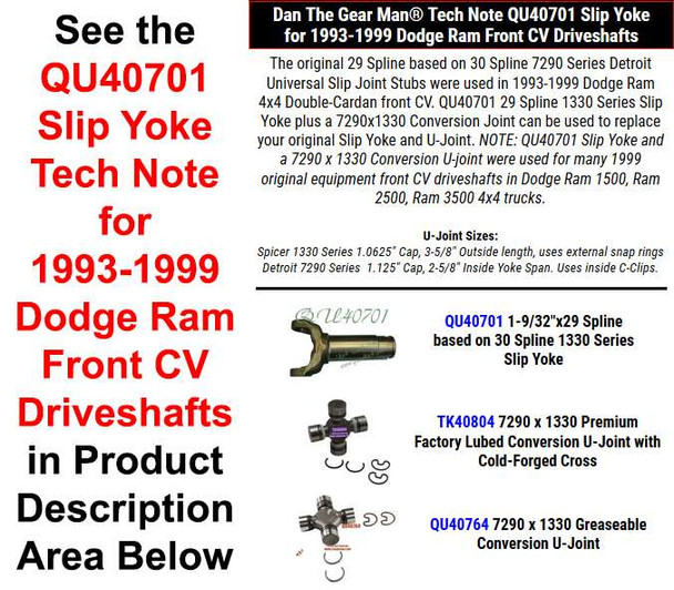 QU40701 Slip Yoke Tech Note for 1993-1999 Dodge Front CV Driveshafts Torque King 4x4
