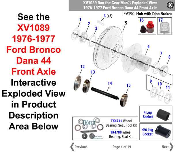 XV1089 1976-1977 Ford Bronco Dana 44 Front Axle Exploded View