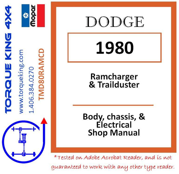 TMD80RAMCD 1980 Dodge Ramcharger & Trailduster Factory Service Manuals on CD Torque King 4x4
