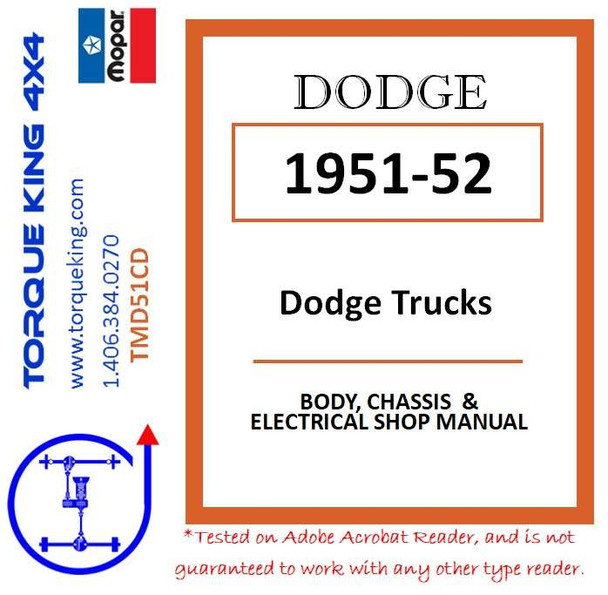 TMD51CD 1951-1952 Dodge B-3 Series Truck Factory Service Manuals on CD Torque King 4x4