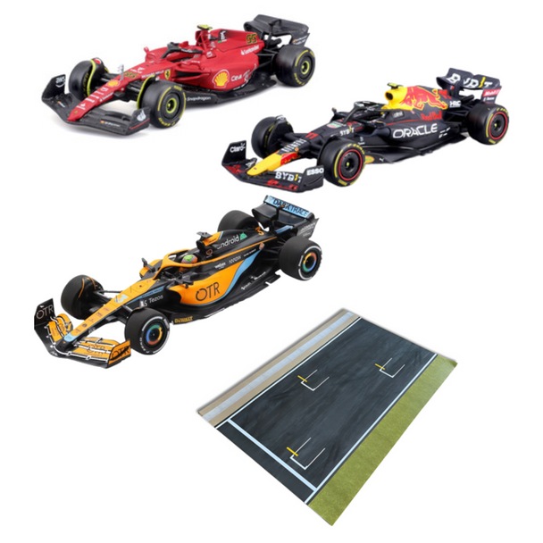 Bburago F1 1/43 Triple Car Bundle With Trackmat -  Ferrari, McLaren, Red Bull