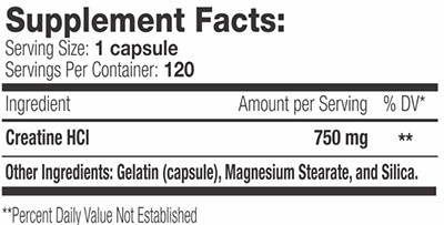 Creatine HCI by Serious Nutrition Solutions - 120 Caps - Supplement Facts