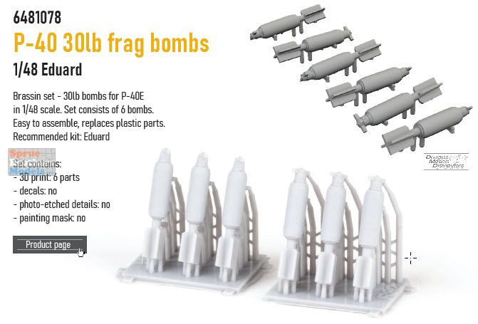 EDU6481078 1:48 Eduard Brassin - P-40 Warhawk 30lb Frag Bombs (EDU