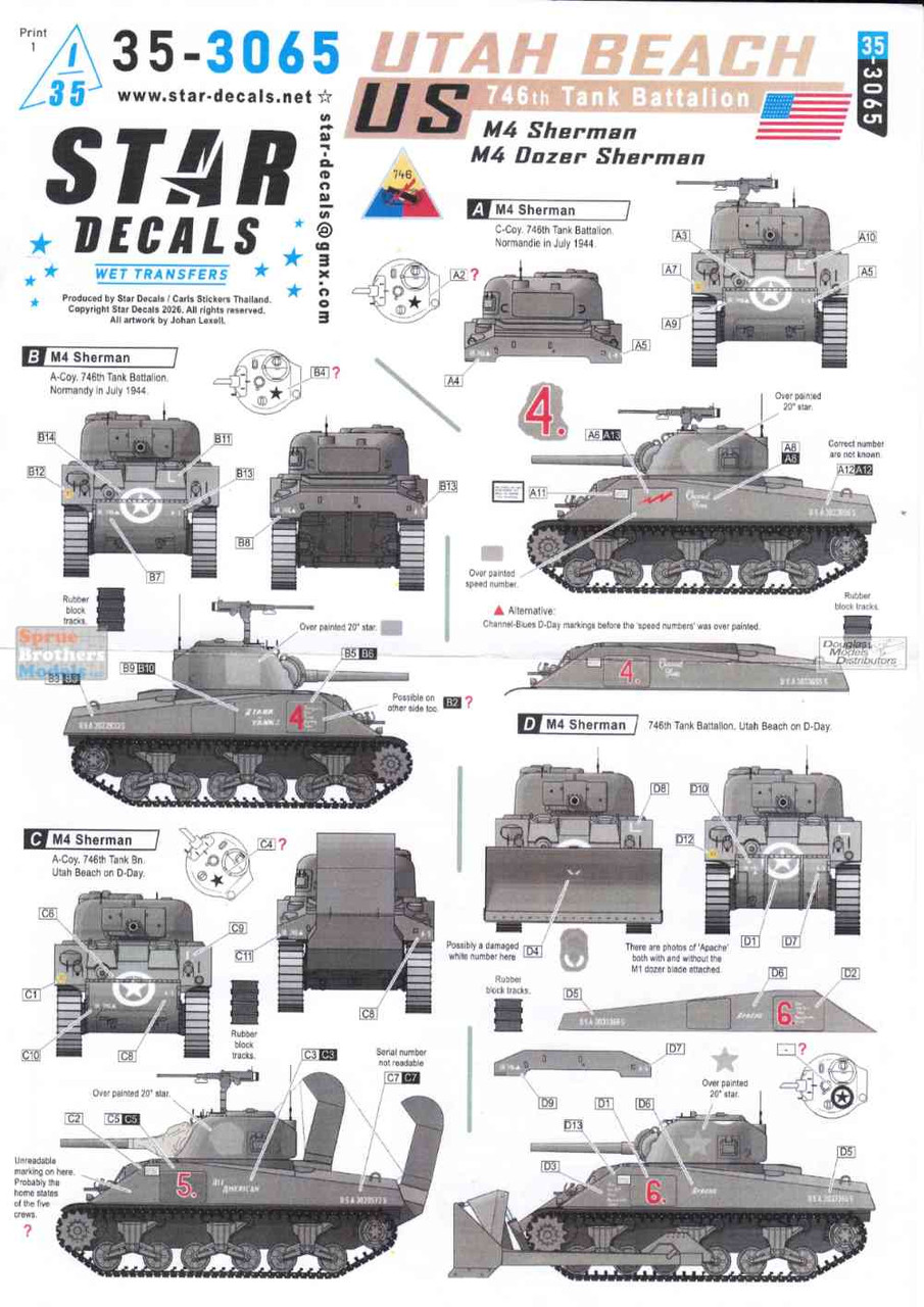 SRD353065 1:35 Star Decals: US 746th Tank Battalion - Utah Beach