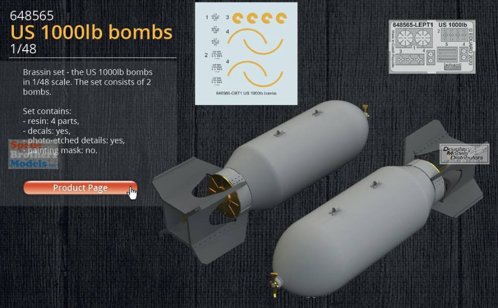 EDU648565 1:48 Eduard Brassin US 1000lb Bomb Set - Sprue Brothers