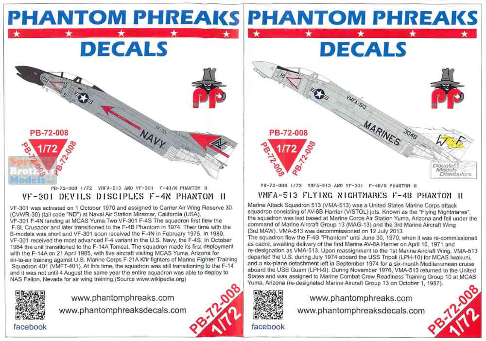 PPD72008 1:72 Phantom Phreaks Decals - F-4B F-4N Phantom II VMFA