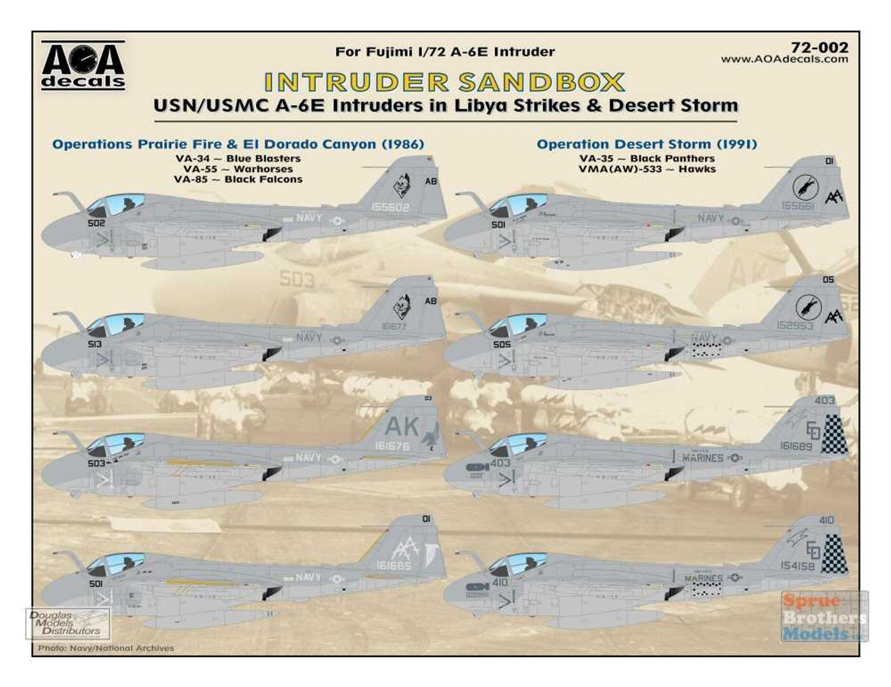 AOA72002 1:72 AOA Decals 'Intruder Sandbox' USN/USMC A-6E Intruders in  Libya Strikes  Desert Storm Sprue Brothers Models LLC