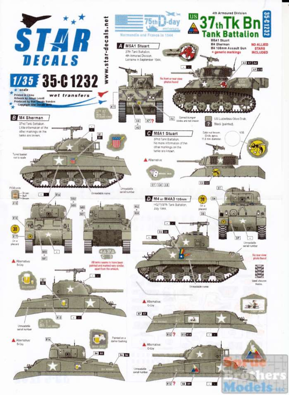 SRD35C1232 1:35 Star Decals - US 37th Tank Battalion / 4th